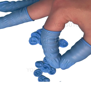 蓝色手指套 Blue nitrile finger cots 天然防静电，无需任何esd涂层，优良的esd特性，耐溶剂：耐油，耐化学试剂SGS 认证，ROHS10项达标.稳定的质量可以得到保证。